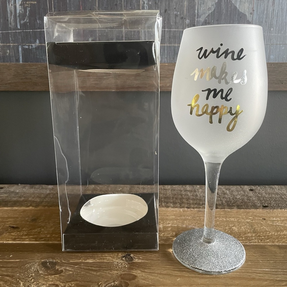 NWT "WINE MAKES ME HAPPY" 16oz Novelty Stem Frosted Silver Glitter Wine Glass